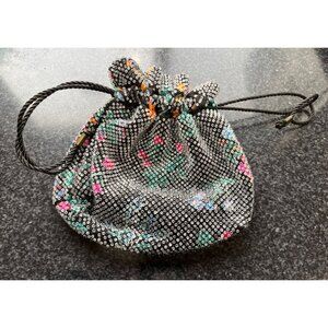 Vtg 1950s Candy Dot Beaded Drawstring Handbag Clear Colored Bakelite Beads Black